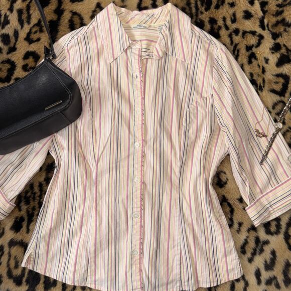 Riders by Lee Pastel Striped Button-Up Shirt Size M 3/4 Sleeves - Picture 1 of 5